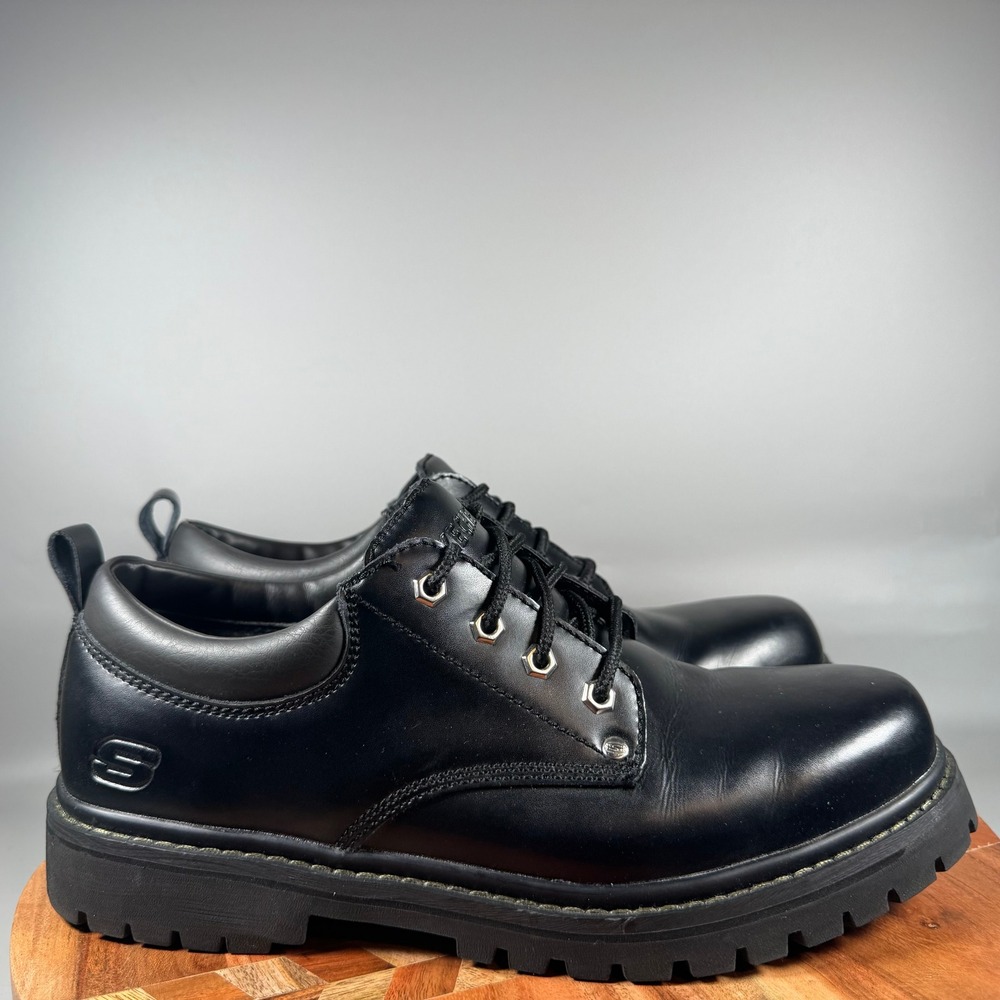 Skechers 7111 Black Leather Lug Sole Oxford Shoes Mens 10.5 Work Casual Rugged